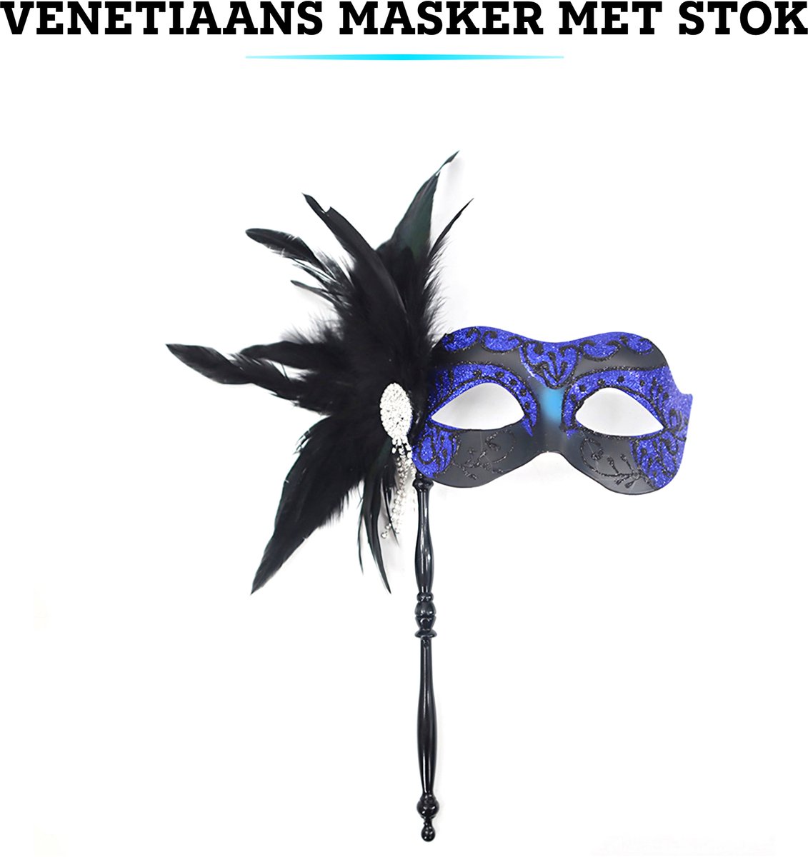 Hoshin Venetiaans Masker Met Stok – Maskerade Masker, Blauw En Zwart Met Strass – Voor Feesten, Carnaval, Gala
