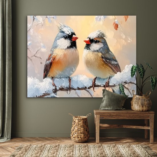 Aluminium schilderij 160x120 cm - Wanddecoratie metaal - Vogels - Tak - Winter - Sneeuw - Metalen muurdecoratie woonkamer - Decoratie industrieel - Foto op dibond - Industriële accessoires slaapkamer