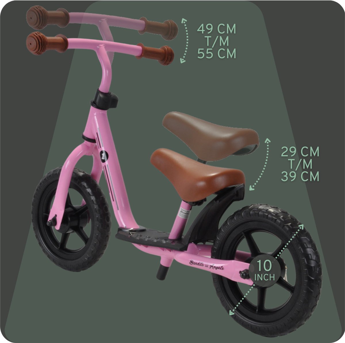 Bandits & Angels Metalen Loopfiets Met Mandje Starter Roze met Voetenplank vanaf 2 Jaar - Limited Edition - Roze Loop Fiets - Verstelbaar Zadel 29 tot 39 cm - Voor Jongens en Meisjes - Compact en Veilig - Lage Instap met Voetenplank — afbeelding 6