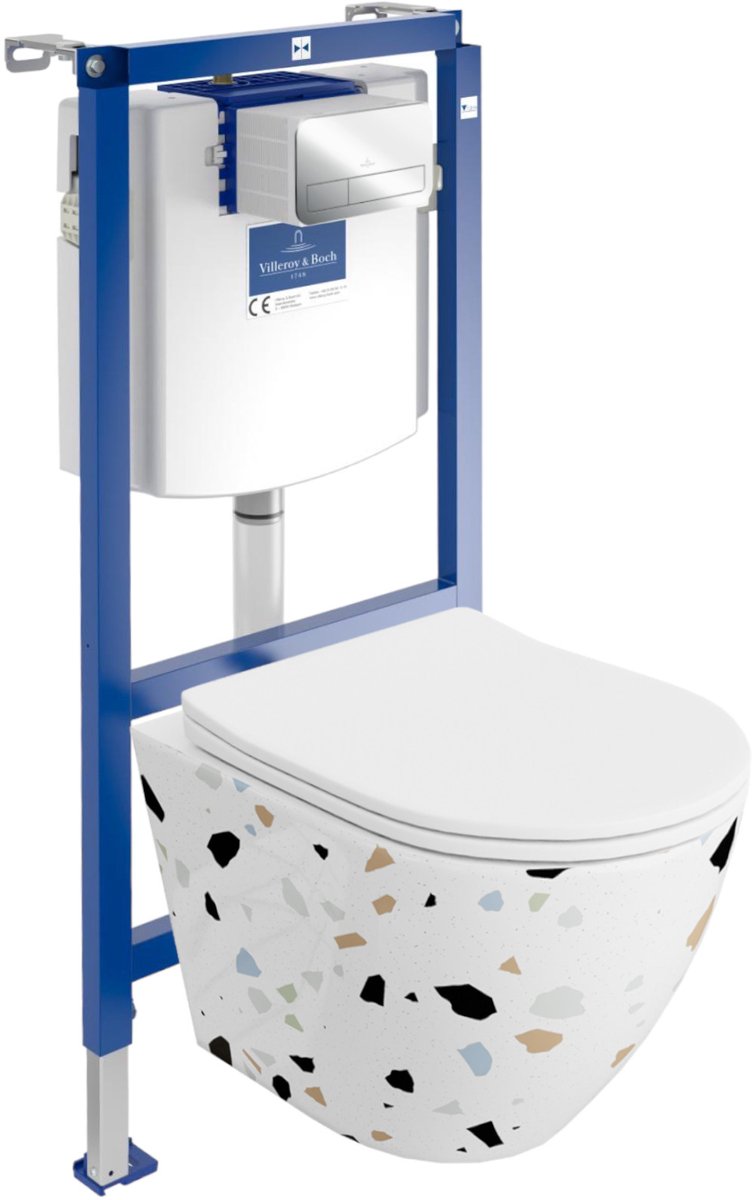 Villeroy&Boch Inbouwreservoir Complete Toiletset ViConnect H112 - Inbouw WC Hangtoilet Wandcloset SOFI SLIM STONE - Bedieningsplaat Chroom - Voorwandelement voor toilet - Installatiesysteem