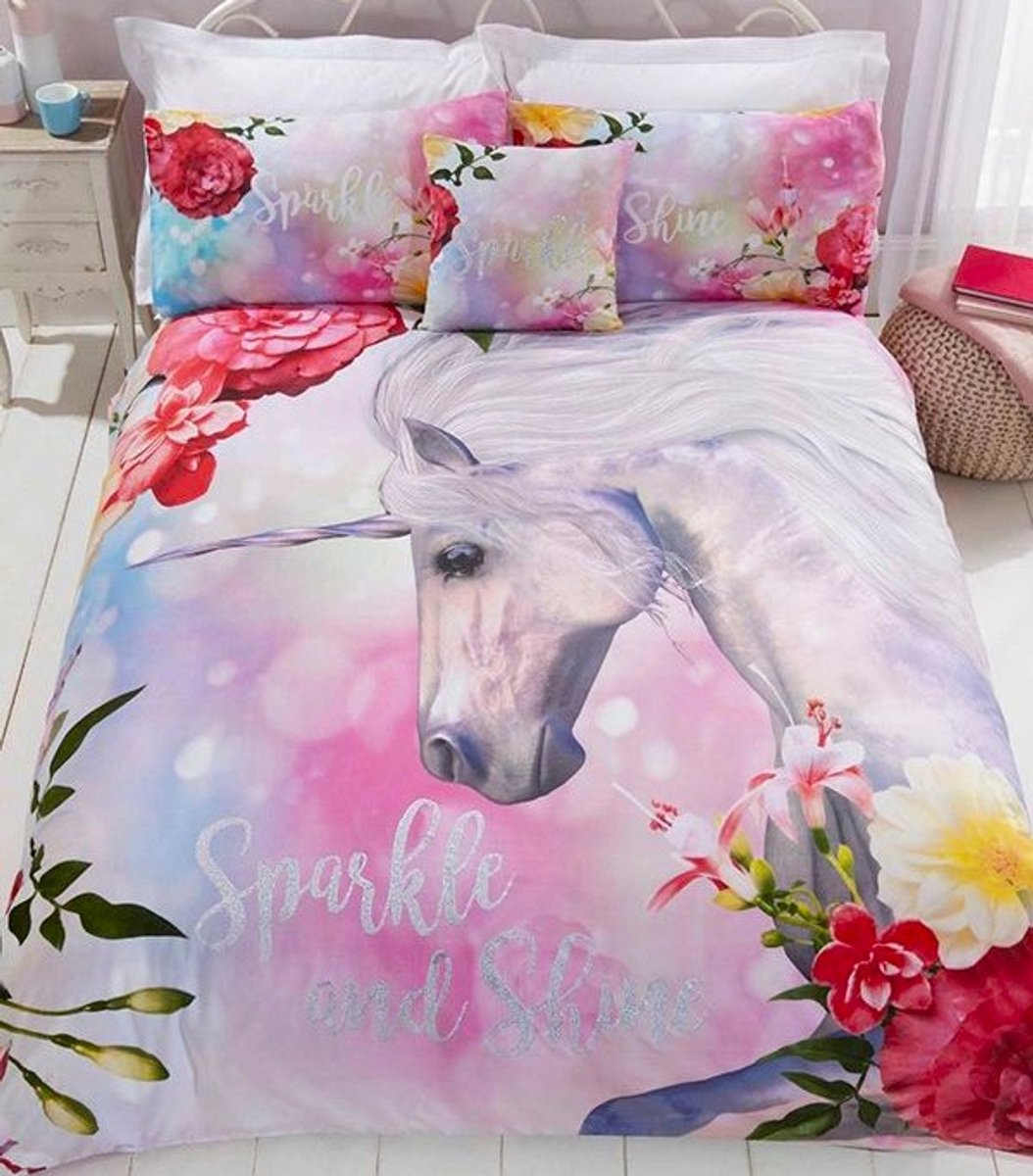 2-persoons meisjes dekbedovertrek wit / roze met grote unicorn / eenhoorn (paard) “sparkle and shine” tussen bloemen en rozen tweepersoons 200 x 200 cm (slaapkamer meiden tieners!)