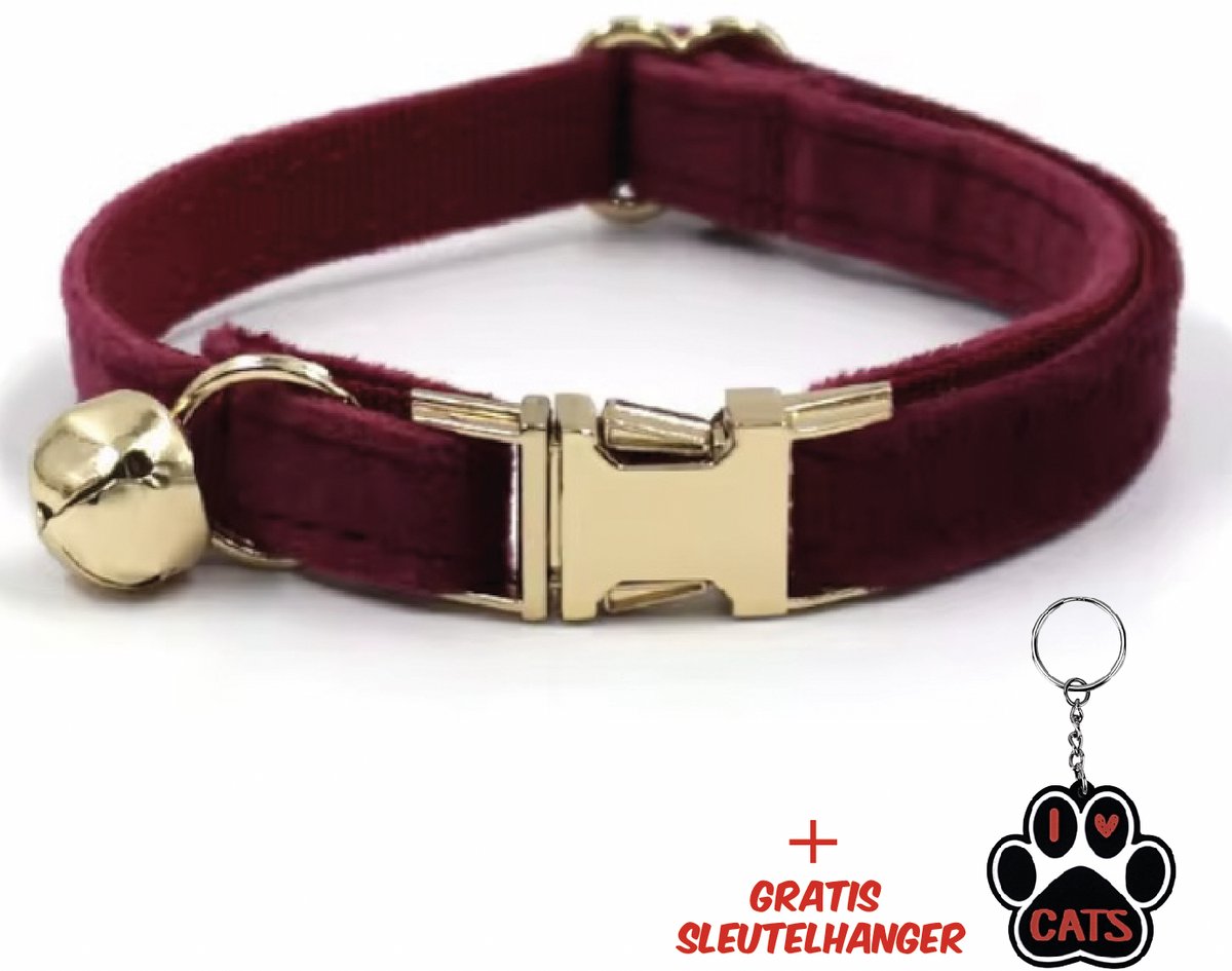 SilverAndCoco® - Rode Katten Halsband met Bel met Gratis Sleutelhanger | Velvet Kat Kitten Bandje met belletje | Kattenhalsband Suède Gouden | Kleding Decoratie | Kattenbandje Huisdier - Rood / Goud
