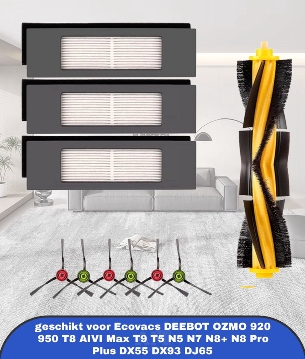 10-delige accessoirekit geschikt voor Ecovacs DEEBOT OZMO 920, 950, T8, T9, T5, N5, N7, N8+ en N8 Pro Plus robotstofzuigers. Set bevat 1 hoofdrolborstel, 3 HEPA-filters en 6 zijborstels voor onderhoud en goede reiniging.