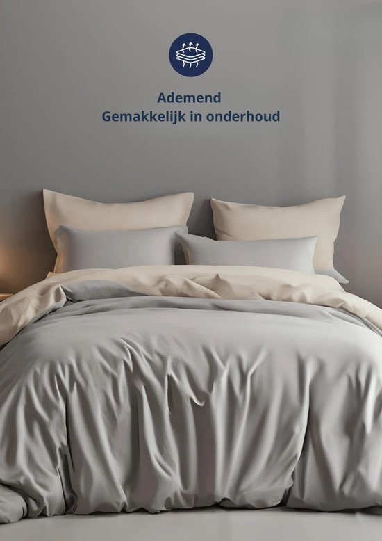 Dekbedovertrek - Dubbelzijdig - Beige/Grijs - Verrijkt met Katoen - 200x220 cm - Tweepersoons - Zacht & Ademend - Omkeerbaar Design - Inclusief 1 stuk Hoeslaken & 2 stuks Kussenslopen - Onderhoudsvriendelijk & Duurzaam - De Linde Home van De Linde Home — afbeelding 5
