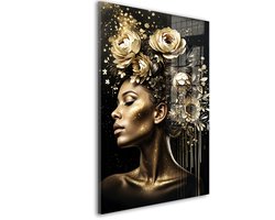 Glasschilderij Gouden bloemenpracht godin - 60 x 40 cm - Vrouw - Bloemen en Planten, Portretten - Acrylaat - Inclusief wandbevestiging - Foto op plexiglas - Wanddecoratie woonkamer – Modern – Modern