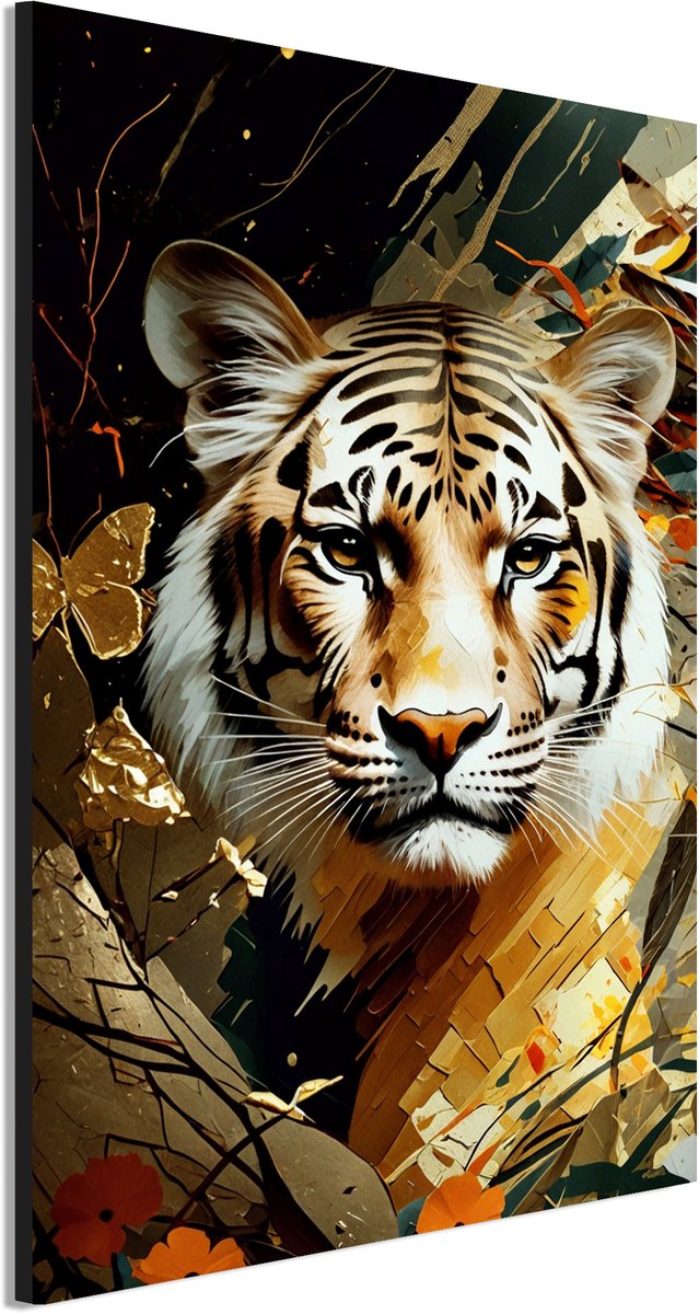 Wanddecoratie Metaal - Aluminium Schilderij Gouden junglekoning straalt - 30 x 20 cm - Tijger - Muurdecoratie woonkamer en slaapkamer - Inclusief ophangsysteem - Modern - Modern - Displate alternatief