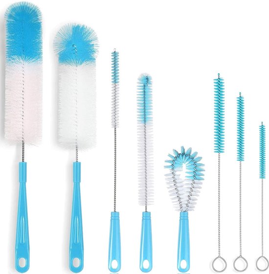 Foto: Set van 8 flessenreinigingsborstel set borstel flessenreinigingsborstel rietjesreinigingsborstel voor flessen rietjes pijpen waterflessen gootsteen en bekerdeksels blauw nylon schoonmaak borstel