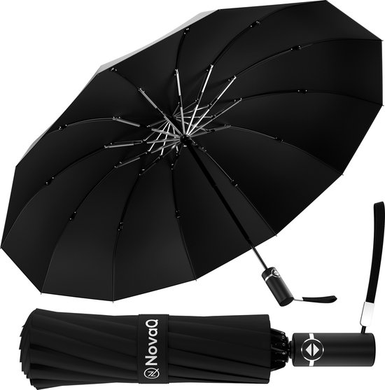 NovaQ Stormparaplu Opvouwbaar met Beschermhoes – Zwart – Grote Paraplu 110 CM – Automatisch Uitklapbaar – Windproof tot 100 KM P/U