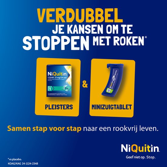 NiQuitin verpakking met pleisters en zuigtabletten. Tekst: "Verdubbel je kansen om te stoppen met roken".