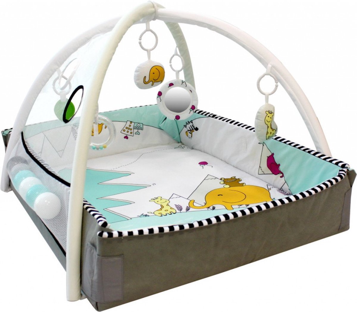 MamaLoes 5-in-1 Multifunctioneel Speelkleed / Ballenbak - Buikligtrainer - Babygym - Speelmat met Boog - Diertjes