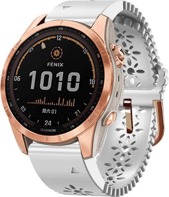FFO2World QuickFit 20mm Siliconen Horlogebandje met Elegant Uitgehold Bloemenpatroon - Wit - Compatibel met Garmin Fenix8 43MM/7S/7S Pro/7S Solar/7S Sapphire Solar/6S/6S Pro/5S/5S Plus/Instinct 2S/Descent MK3 43MM/Descent MK3i 43MM/Epix Pro 42MM