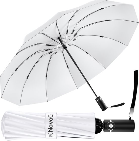 NovaQ Stormparaplu Opvouwbaar met Beschermhoes - Wit - Grote Paraplu 110 CM - Automatisch Uitklapbaar - Windproof tot 100 KM P/U