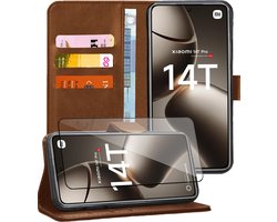 Hoesje geschikt voor Xiaomi Redmi 14T / 14T Pro - Screenprotector Glas - Portemonnee Book Case Bruin