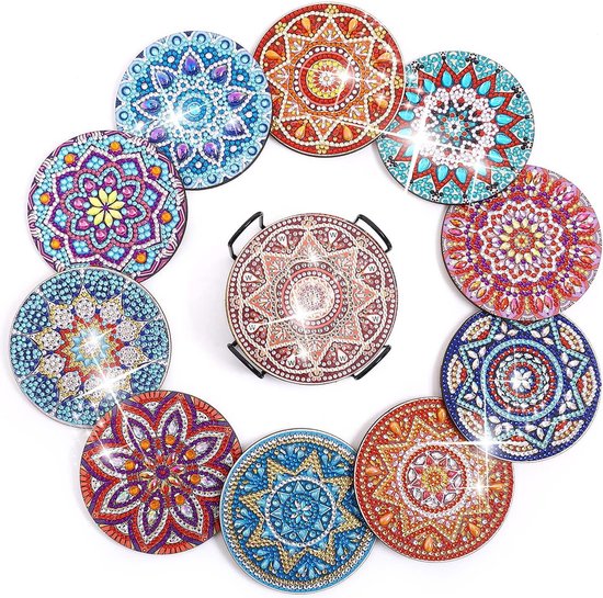 CAYUDEN 5D Diamond Painting onderzetters met houder, 8 stuks, Kawaii decoratie, diamond painting, creatieve katten, bekeronderzetters, doe-het- zelf set, volwassenen, glazen onderzetters, knutselen