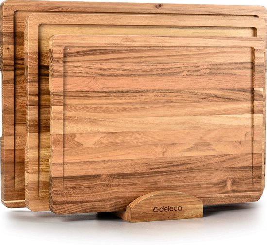 Deleca 3-Delige XL Snijplankenset met Houder - (43x30 / 38x28 / 33x25 cm) - Snijplanken voor Keuken - Snijplank, Serveerplank, Kaasplank, Borrelplank en Tapasplank - Teak Hout
