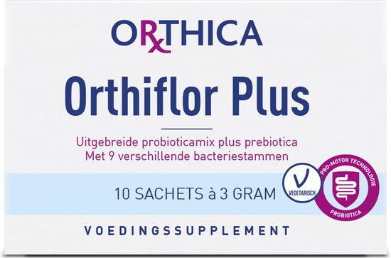 Orthica Orthiflor Plus verpakking met 10 sachets van 3 gram, probiotica en prebiotica.