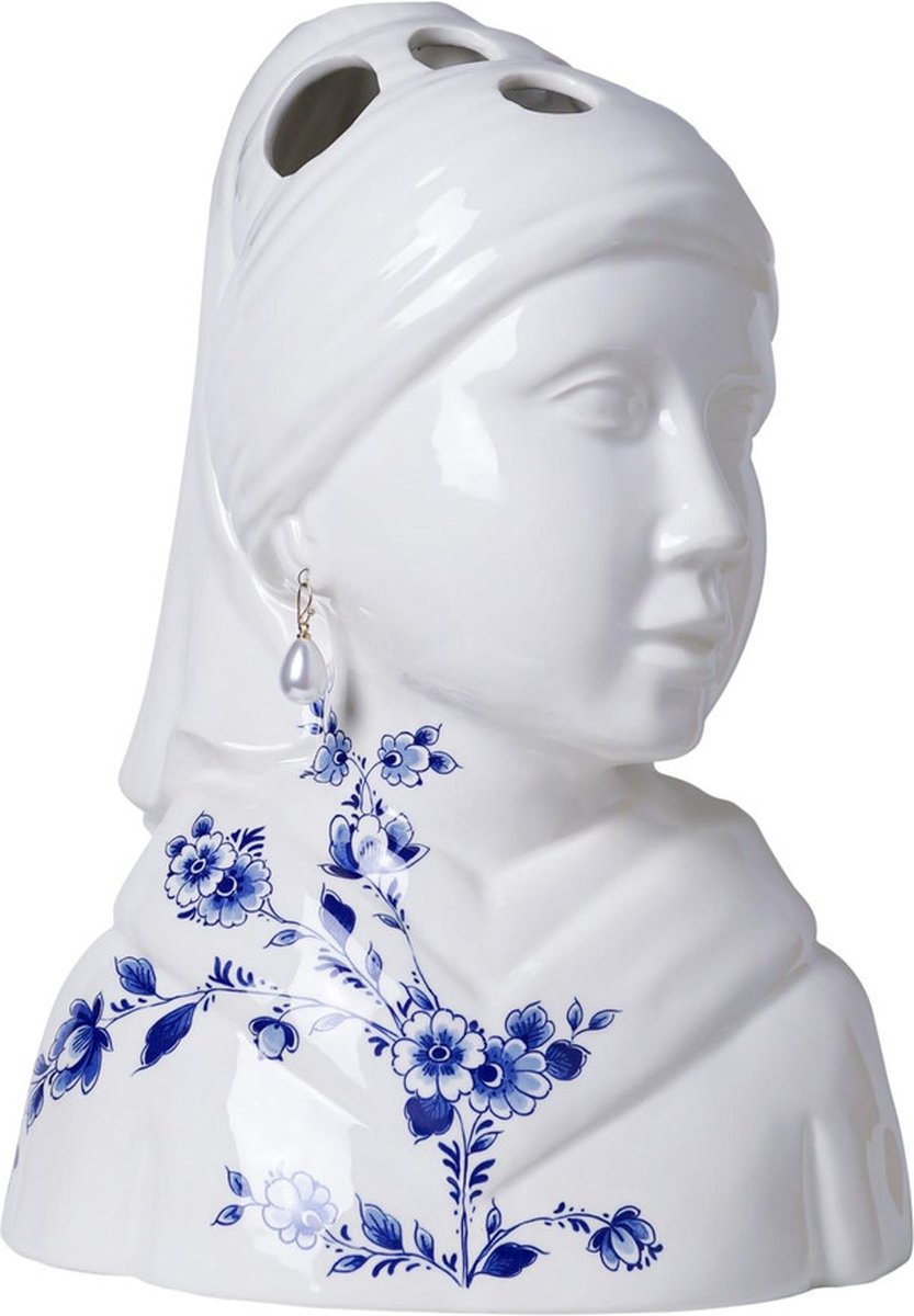 Vaas - Buste - Meisje met de parel - Parel oorbellen - Heinen Delfts Blauw - Tulpenvaas - Cadeau - Luxe - Woonkamer - Kantoor - Restaurant