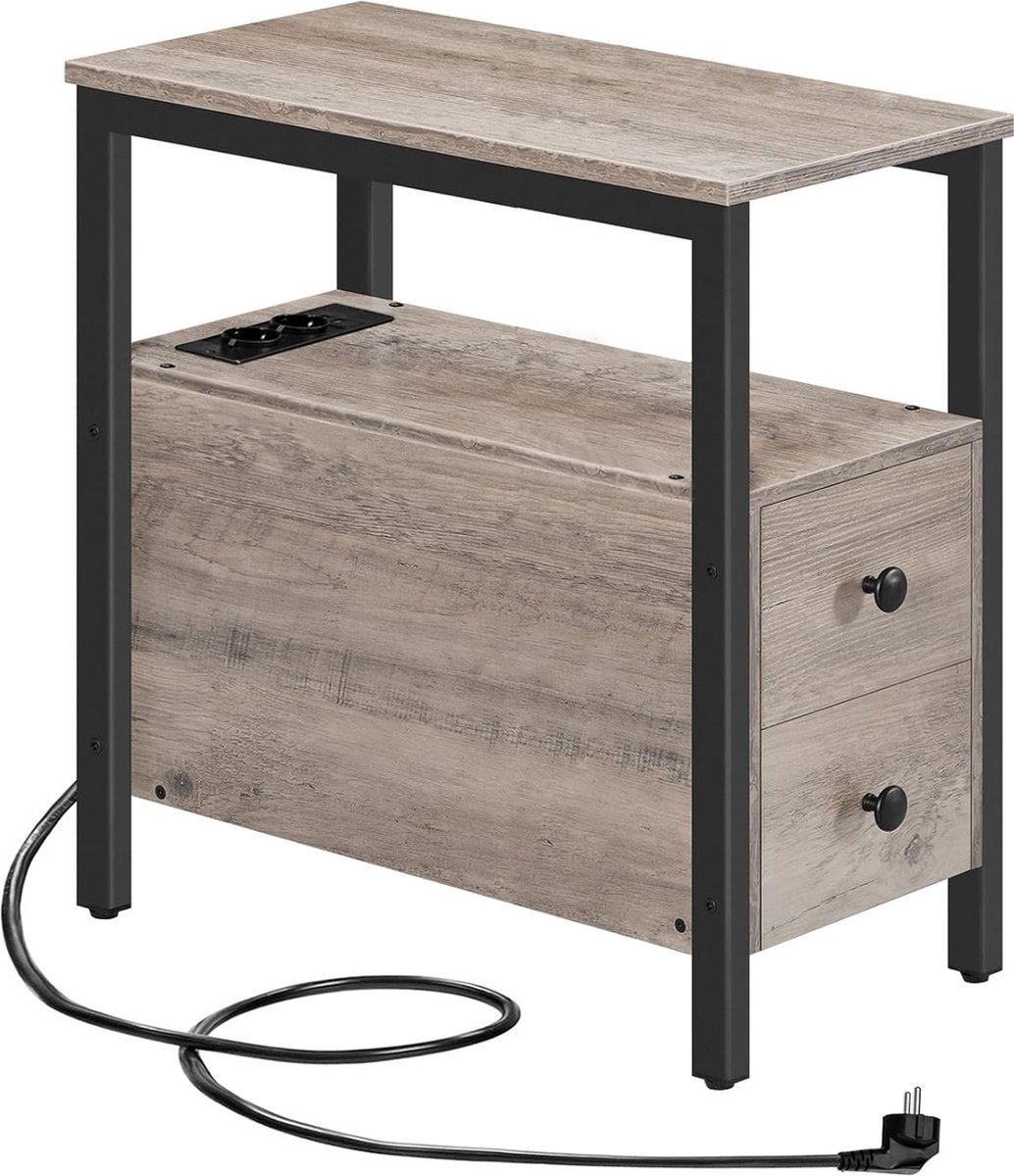 TRANKIELO® - Multifunctionele Bijzettafel met Laadstation - Compact Nachtkastje met Dubbele Laden - USB-Poort en Stopcontact - Greige