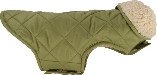 Zij-aanzicht van een groene, gewatteerde hondenjas met crèmekleurige teddy voering.