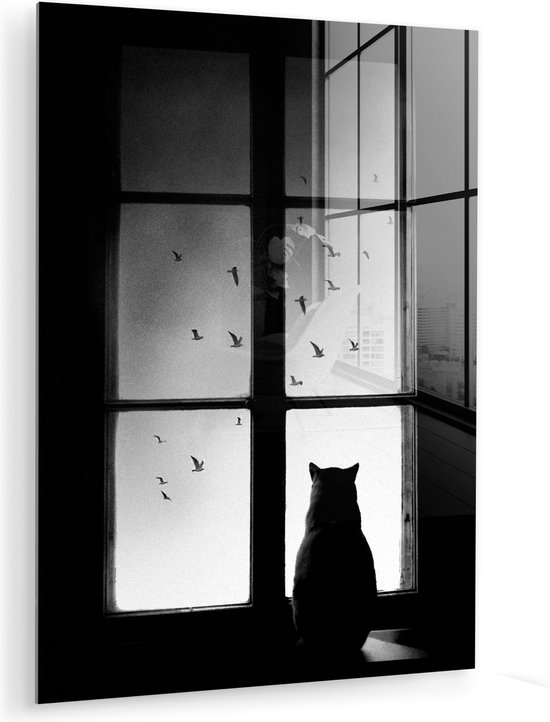 MuchoWow® Tableau sur verre 90x120 cm - Tableau sur verre acrylique - Chat - Animaux - Zwart et blanc - Fenêtre - Photo sur verre - Décoration murale salon - Décoration murale chambre - Peintures