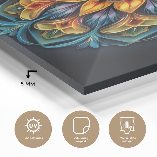 MuchoWow® Tableau sur verre 90x120 cm - Tableau sur verre acrylique - Mandala - Lumière - Couleurs - Zwart - Fleurs - Photo sur verre - Décoration murale salon - Décoration murale chambre - Peintures