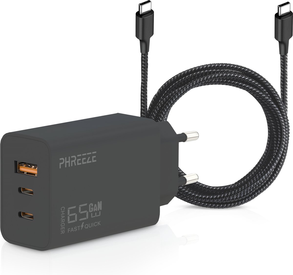 65w usb C oplader - usb c naar usb c - incl usb C kabel 3 meter - power delivery - super fast charging - snellader - voor telefoon, tablet en laptop - zwart