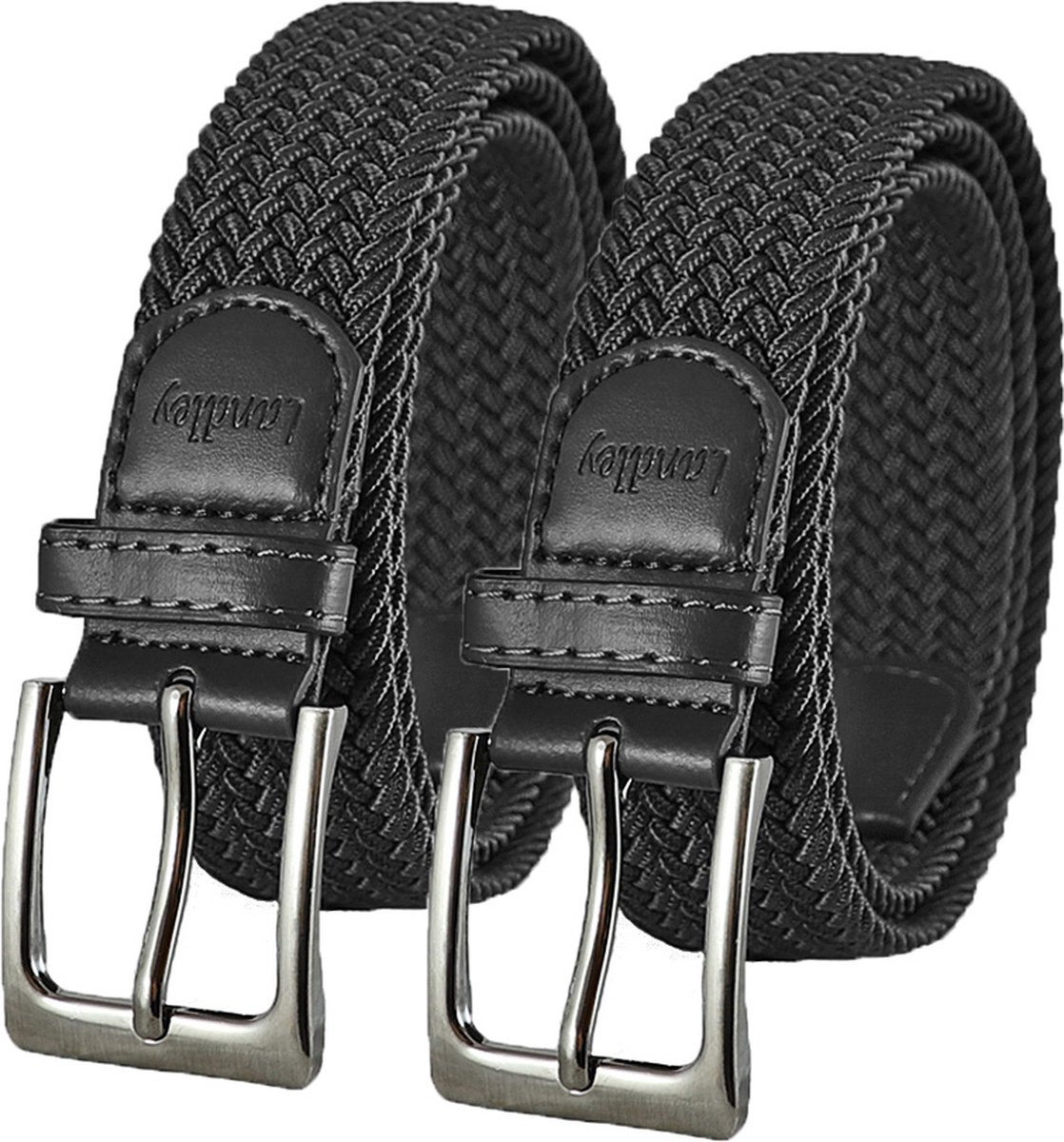 Landley Elastische Gevlochten Stretch Riemen Duopack - Voordeelset met 2 riemen - Dames en Heren - Zwart - Lengte totaal 120 cm / Riemmaat 105