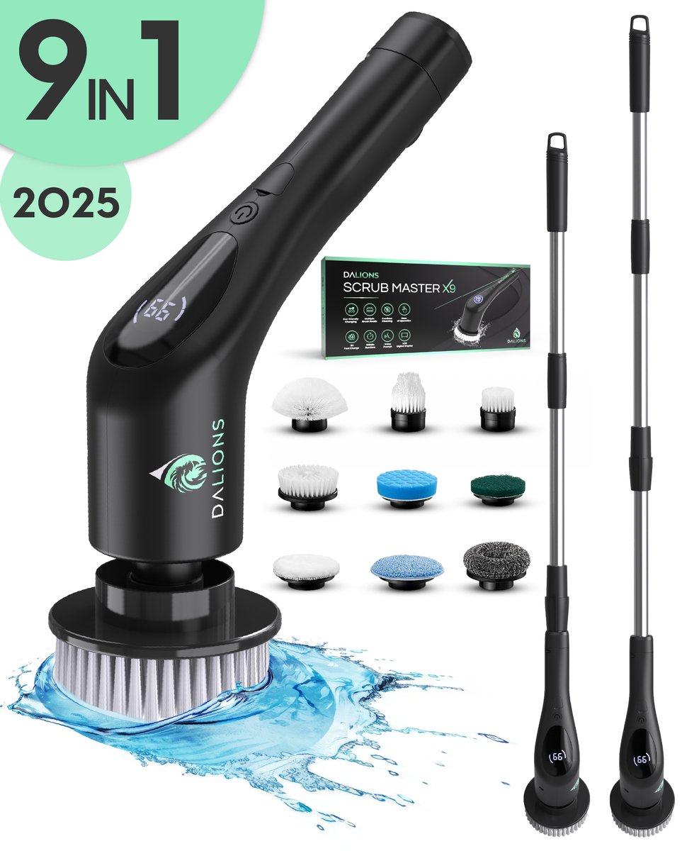 Goedkoopste Dalions® Elektrische Schoonmaakborstel - Schrobber met steel - Schoonmaakborstel elektrisch - Schrobborstel - Schrobmachine - Poetsmachine met 9 opzetstukken