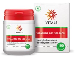 Vitals Vitamine B12 500 mcg - 100 zuigtabletten. Onderhoudsdosering van de biologisch actieve vormen methylcobalamine en adenosylcobalamine.