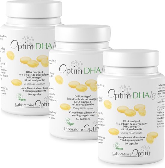 Optim DHAlg PACK 3 x 60 Capsules - Omega-3 vegan - Omega-3 Algenolie DHA - Hoogste concentratie DHA 250mg - 60 Capsules - Plantaardig Voedingssupplement - GEEN Visolie - Geregistre