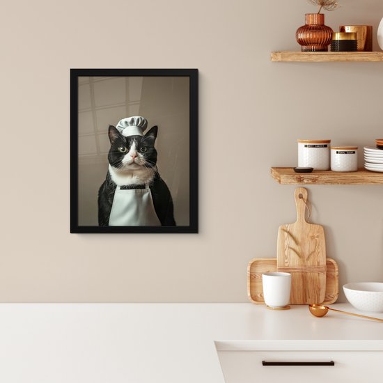 Poster in lijst - Fotolijst 30x40 cm - Posters - Kat - Kokskleding - Zwart - Wit - Posterlijst zwart - Decoratie - Wanddecoratie woonkamer - Muurdecoratie slaapkamer