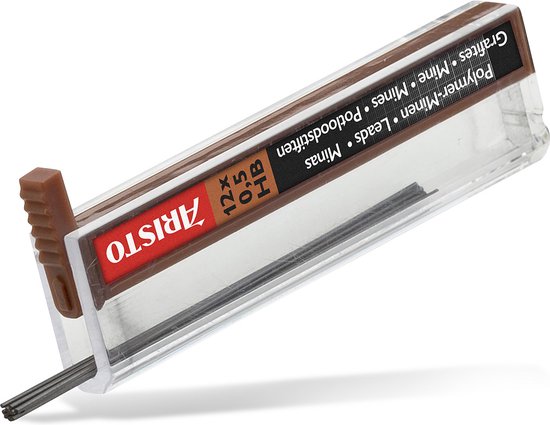 Een doorzichtige plastic verpakking met 12 bruine potloodstiften, HB, 0.5mm.