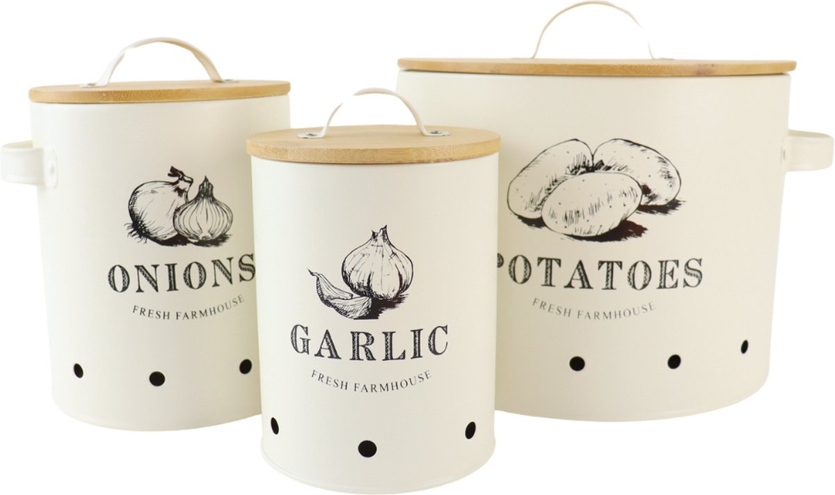 OTIX Voorraadpotten - met Deksel - Creme - Set van 3 - Knoflookpot - Uienpot - Aardappelbak - Metaal - Bamboe - LIBRA