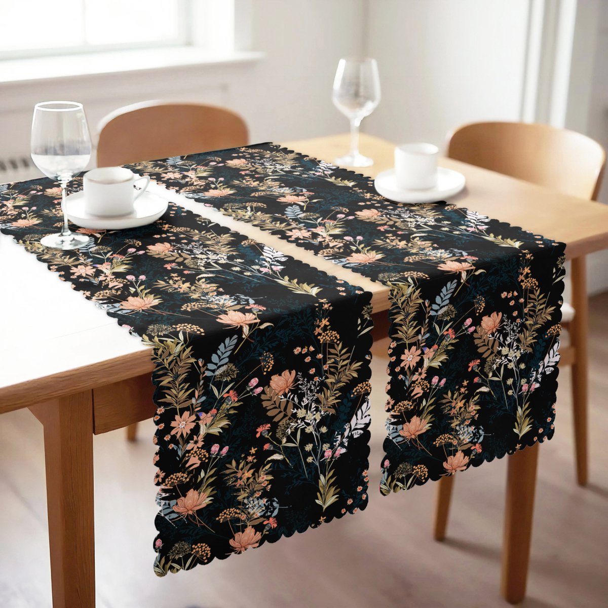 Velvet textiel Tafelloper set van 2 - 45x140 - Bloemen op Zwart
