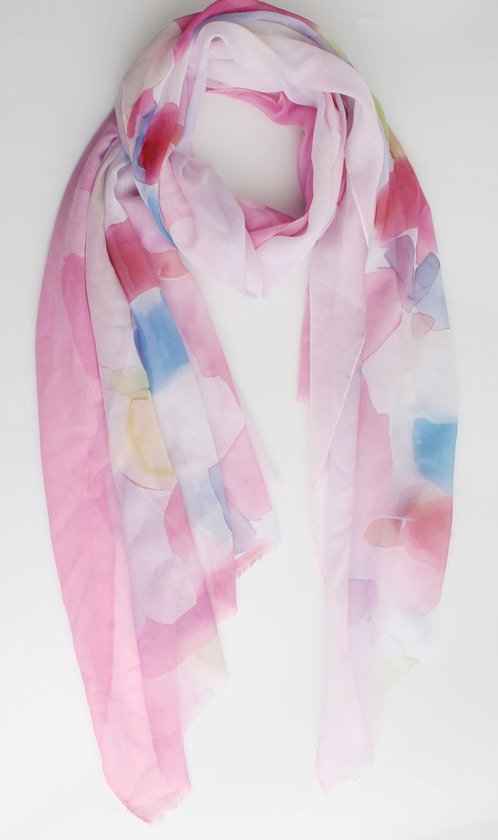 Jules scarf- Accessories Junkie Amsterdam- Dames sjaal- Katoen- Fantasie print- Cosy chic- Roze lila blauw geel
