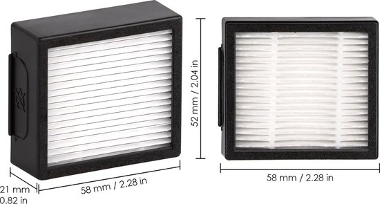 Afmetingen van een zwart filter met witte HEPA-laag: 58x52x21mm.
