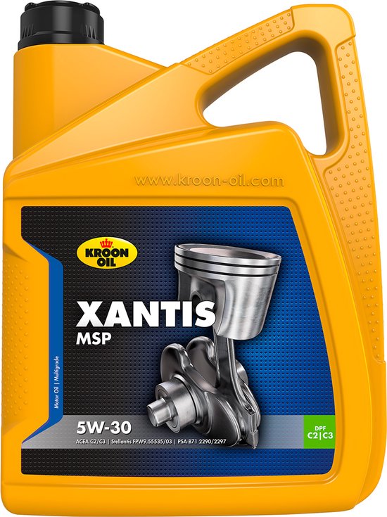 Gele jerrycan met de tekst Xantis MSP 5W-30, DPF C2 C3.