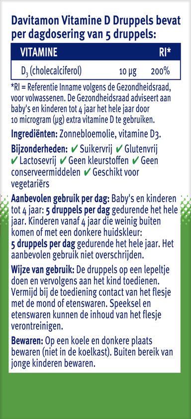 Davitamon Vitamine D Druppels - Vitamine D olie voor baby’s en kinderen - met zonnebloemolie - 100% natuurlijk