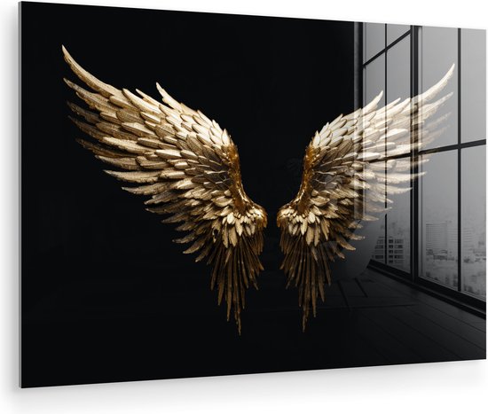 MuchoWow® Glasschilderij 120x80 cm - Schilderij acrylglas - Vleugels - Engel - Goud - Zwart - Abstract - Foto op glas - Muurdecoratie woonkamer - Wanddecoratie slaapkamer - Schilderijen