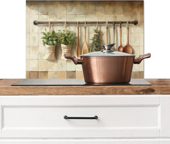Crédence de Cuisinière en Aluminium 60x40 cm - Bois - Ustensiles de cuisine - Nature morte - Carrelage - Écran Pare-éclaboussures pour Plaque de Cuisson - Protection Murale