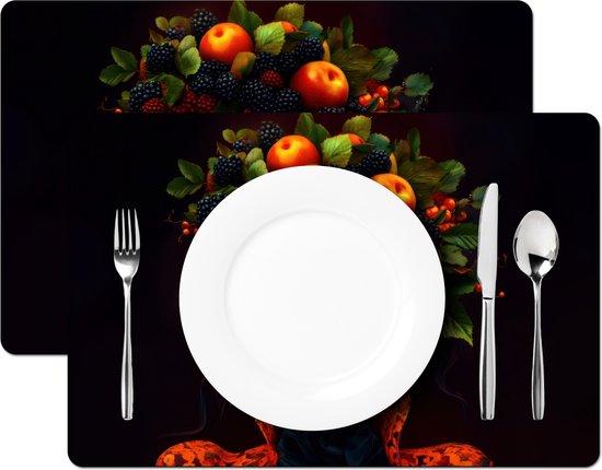 Sets de table - 6 pièces - 45x30 cm - Set de table en plastique - Femme - Noir - Baies - Pommes - Dessous de plat - Décoration de table - Accessoires de décoration de table de cuisine