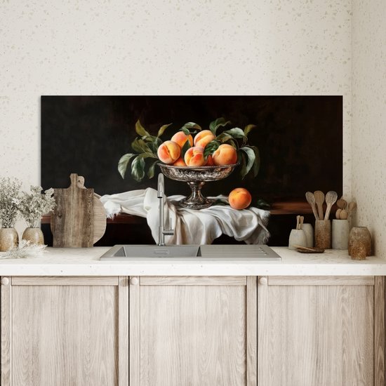 Crédence de Cuisinière en Aluminium 100x50 cm - Nature morte - Pêches - Vintage - Écran Pare-éclaboussures pour Plaque de Cuisson - Protection Murale