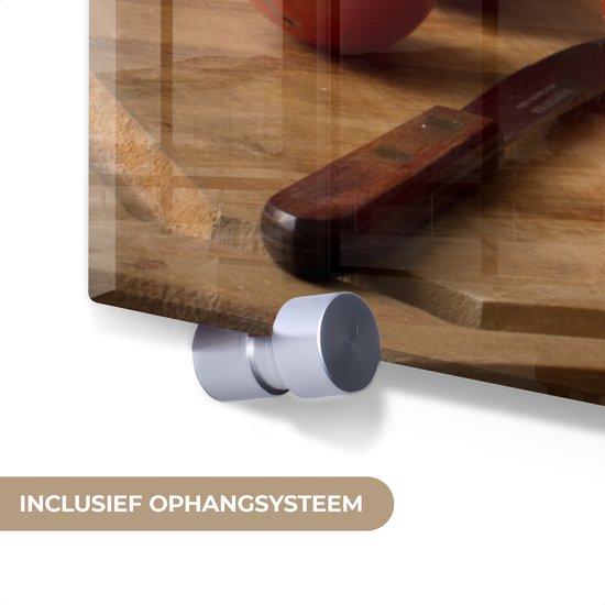 MuchoWow® Tableau sur verre 80x60 cm - Tableau sur verre acrylique - Planche à découper - Légume - Nature morte - Pâtes - Oignon - Tomate - Planche à découper - Photo sur verre - Décoration murale salon - Décoration murale chambre - Peintures