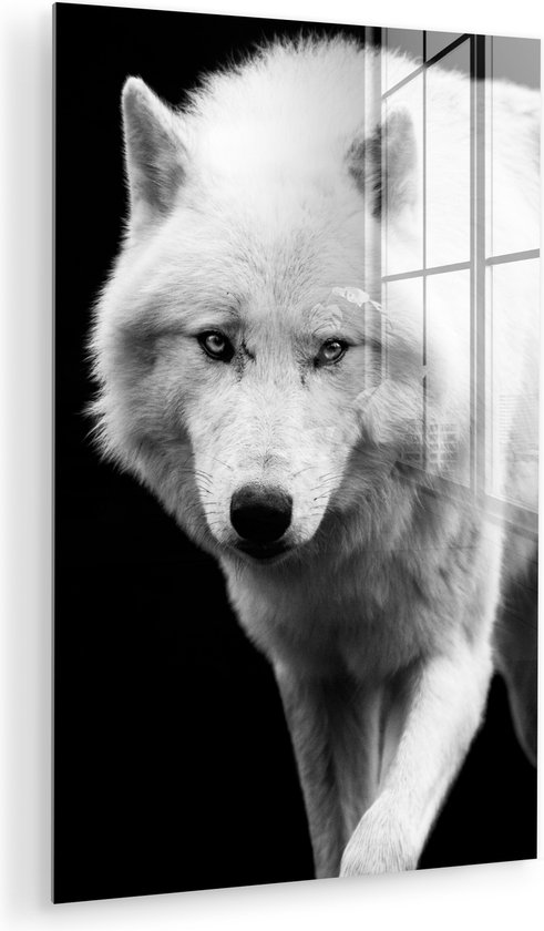 Glasschilderij - Foto op glas - Acrylglas - Wolf - Dier - Wit - Zwart - Roofdier - 20x30 cm - Glasschilderij wolf - Glasschilderij zwart wit - Wanddecoratie glas - Woondecoratie