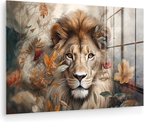 Glazen schilderij van een leeuwenportret omringd door bladeren en bloemen met warme herfstkleuren.