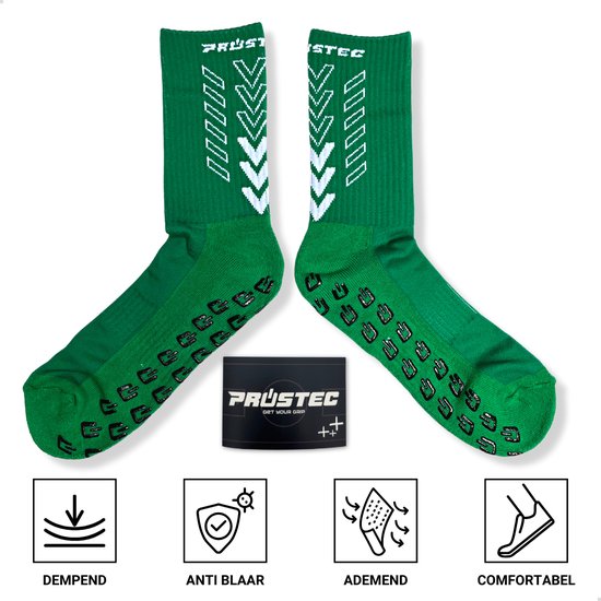 Paire de chaussettes vertes avec emballage et icônes : amorti, anti-ampoule, respirant, confortable.