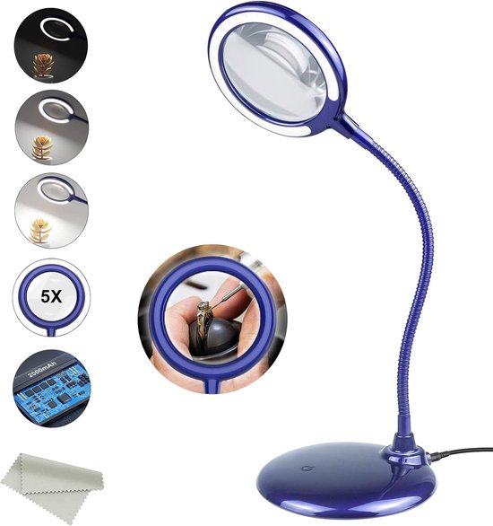 Loeplamp met LED Verlichting - Staande & Bureaulamp met Vergrootglas, Oplaadbare Looplamp met Tafelklem & Rolstatief - Ideaal als Leeslamp, Werklamp & Hobbylamp - 5x Vergrootglas - 28 LEDs - Blauw
