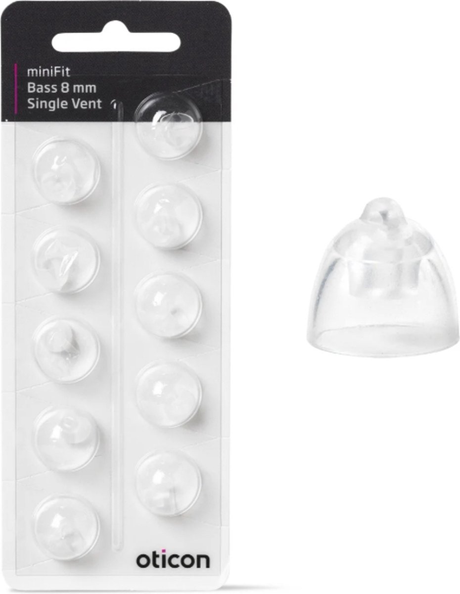 Oticon minifit BASS dome MAAT: 8 MM - SINGLE VENT. - Blister van 10 stuks - voor MiniRite luidspreker