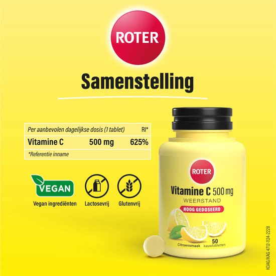 Roter Vitamine C 500mg Hooggedoseerd - Hoge dosering vitamine C ter ondersteuning van je weerstand - 50 kauwtabletten met citroensmaak