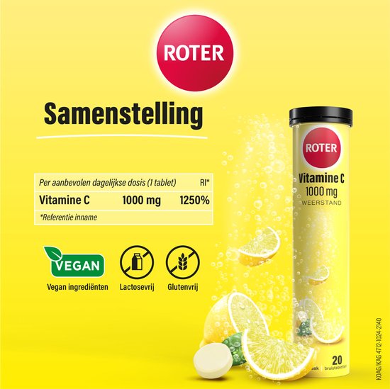 Roter Vitamine C 1000mg bruis - Hoge dosering vitamine C ter ondersteuning van je weerstand - 40 bruistabletten met citroensmaak